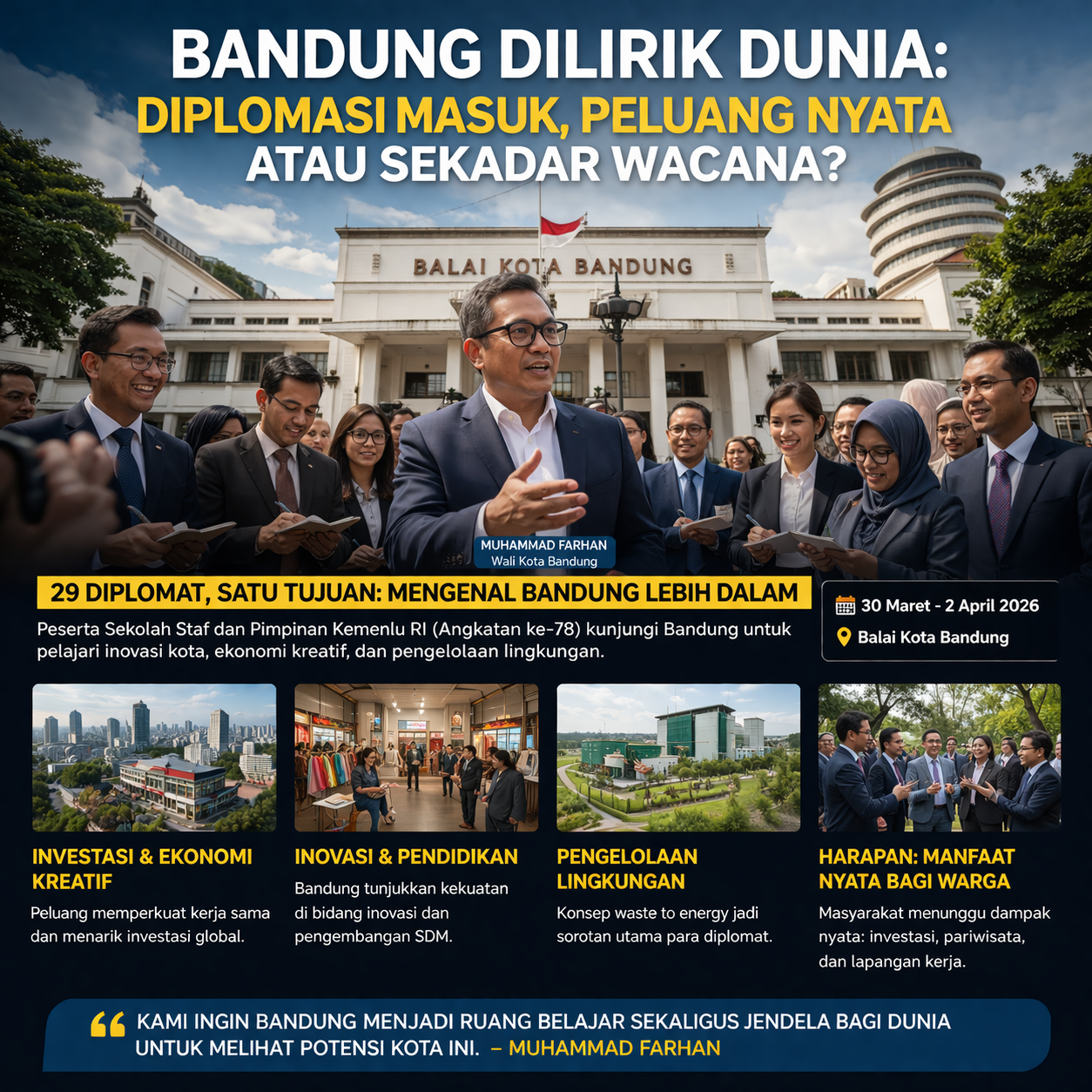 Wali Kota Bandung Muhammad Farhan menerima kunjungan diplomat Kementerian Luar Negeri RI di Balai Kota Bandung untuk membahas investasi dan ekonomi kreatif