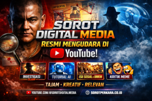 Banner rebranding Sorot Digital Media menampilkan playlist utama: Investigasi, AI, Sosial & UMKM, Kritik Meme, dengan headline “Resmi Mengudara di YouTube”