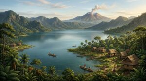 Ilustrasi Danau Bandung Purba sebagai asal usul nama Bandung