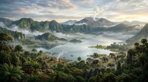 Danau Bandung Purba di cekungan Bandung dengan latar Gunung Tangkuban Parahu