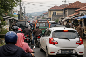 Kondisi jalan di kawasan Panyileukan Bandung Timur yang mulai padat akibat pertumbuhan perumahan